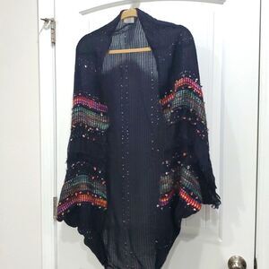 Anna & Ava Wrap Open Front  Fringe, Woven Beaded Shawl One Size Poncho